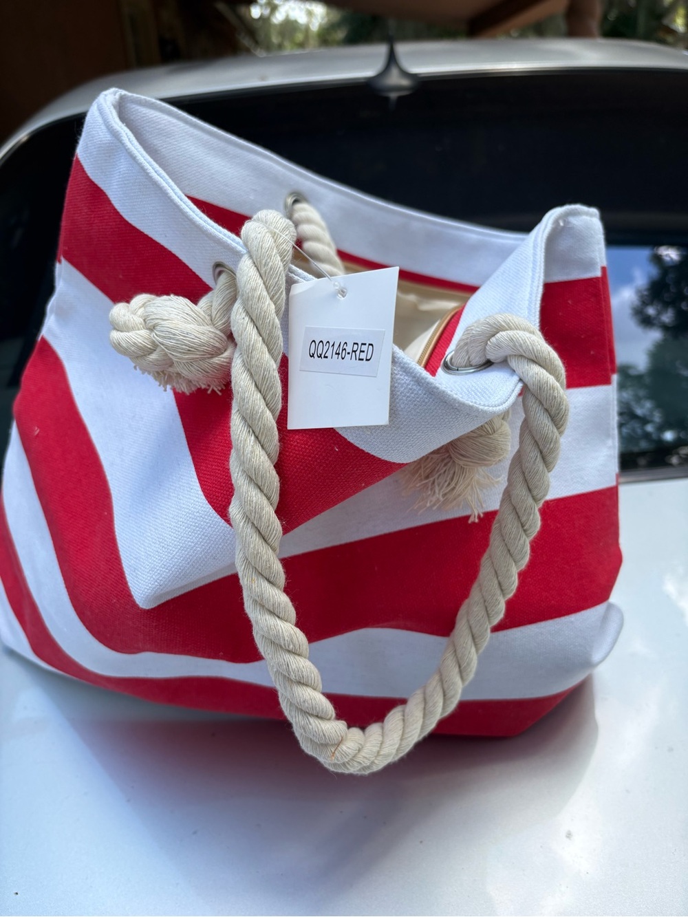 Striped Rope-Handle Beach Tote Bag in Red and White